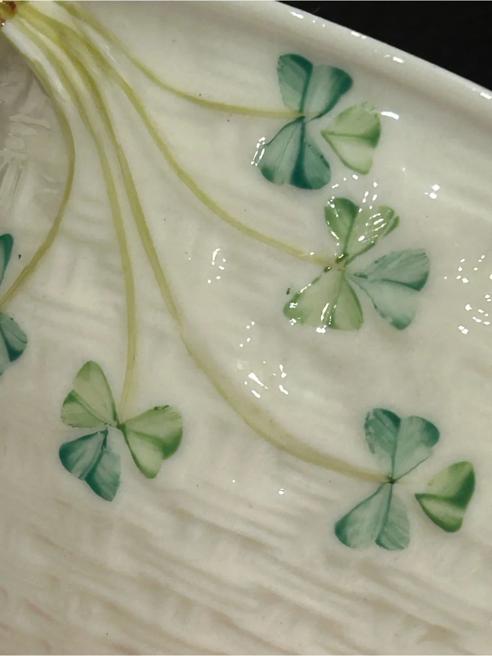 Belleek Shamrock Tea Cup and Saucer Green Marked Porcelain Stamp on Ivory Base